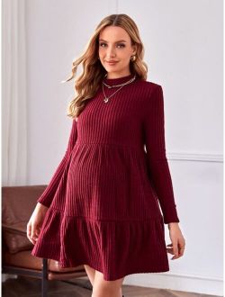 Maternity Ruffle Hem Rib-knit Dress