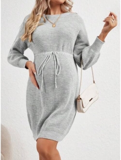 Maternity Drop Shoulder Drawstring Waist Sweater Dress