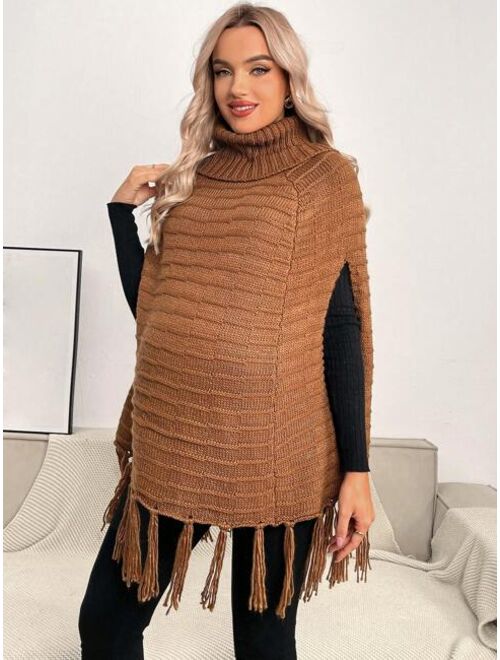 SHEIN Maternity 1pc Turtleneck Fringe Trim Knit Poncho Sweater