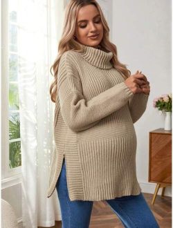 Maternity Solid Color V-neck Slit Hem Loose Knit Sweater With Drop Shoulder