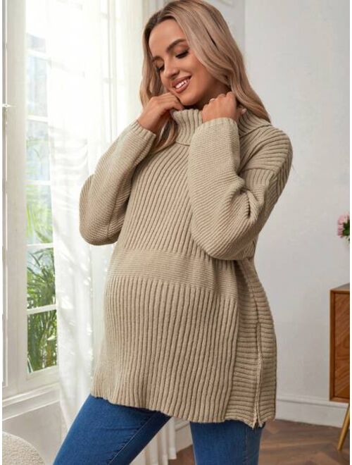 SHEIN Maternity Solid Color V-neck Slit Hem Loose Knit Sweater With Drop Shoulder
