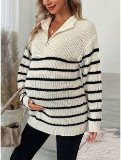 Maternity Striped Pattern Zipper Front Drop Shoulder Sweater