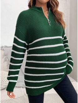Maternity Striped Pattern Zipper Front Drop Shoulder Sweater