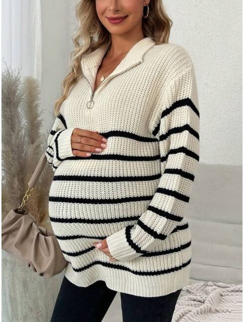 SHEIN Maternity Striped Pattern Zipper Front Drop Shoulder Sweater