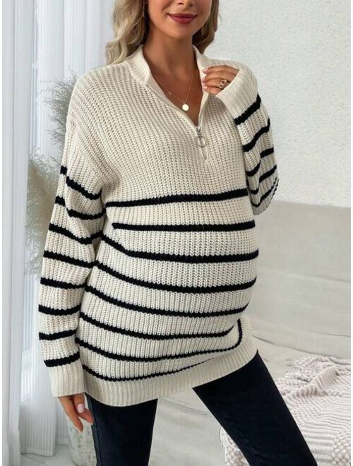 SHEIN Maternity Striped Pattern Zipper Front Drop Shoulder Sweater