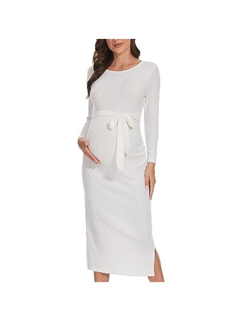 guruixu Crewneck Maternity Dress Rib Knit Long Sleeve Photoshoot Baby Shower Dresses Slit Pregnancy Sweater Clothes with Belt