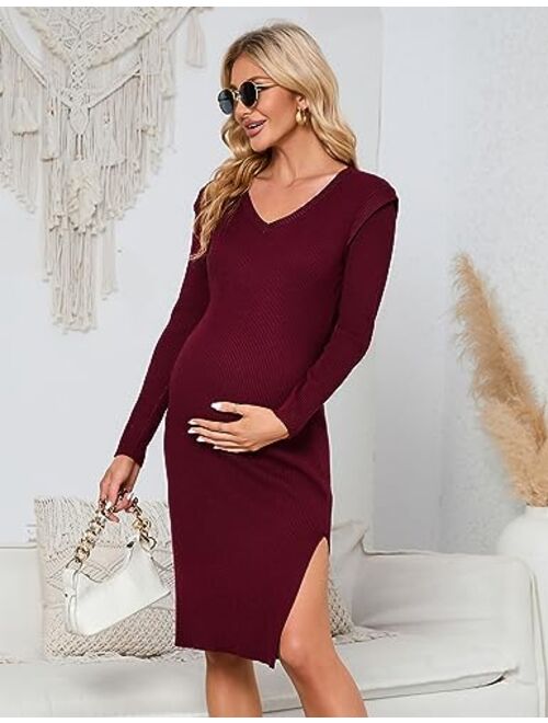 KOJOOIN Women's Maternity V Neck Sweater Dress Rib Knit Long Sleeve Bodycon Side Slit Midi Dress Fall Photoshoot Baby Shower