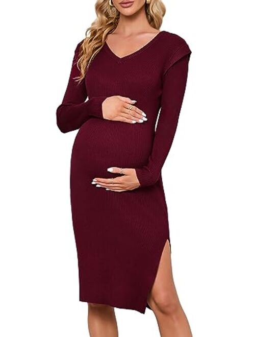KOJOOIN Women's Maternity V Neck Sweater Dress Rib Knit Long Sleeve Bodycon Side Slit Midi Dress Fall Photoshoot Baby Shower