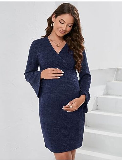 KOJOOIN Maternity Dress Rib Knit Wrap V Neck Bell Long Sleeve Sweater Bodycon Midi Dress Baby Shower Photoshoot