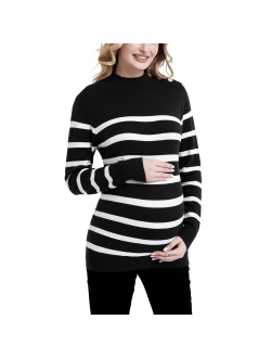Bhome Maternity Sweater Turtleneck Stripes Long Sleeve Knit Sweater Loose Pregnant Pullover with Buttons Top