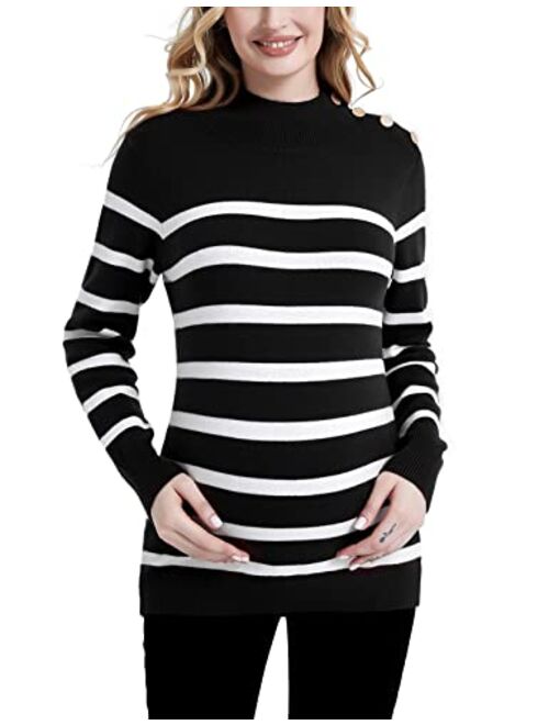Bhome Maternity Sweater Turtleneck Stripes Long Sleeve Knit Sweater Loose Pregnant Pullover with Buttons Top