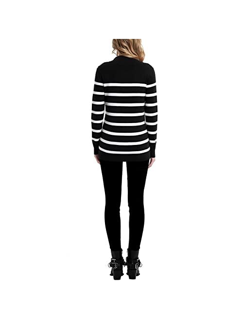 Bhome Maternity Sweater Turtleneck Stripes Long Sleeve Knit Sweater Loose Pregnant Pullover with Buttons Top