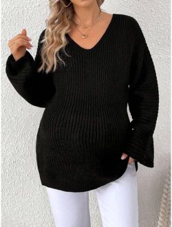 Maternity Solid Color Drop Shoulder Knit Sweater