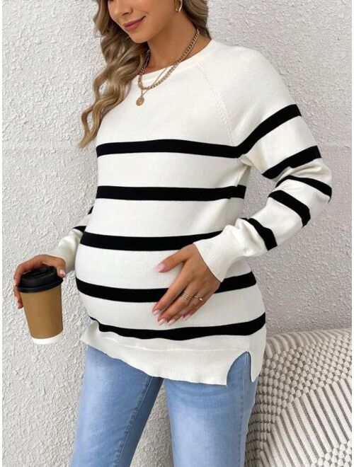 SHEIN Maternity Striped Raglan Sleeve Slit Hem Sweater
