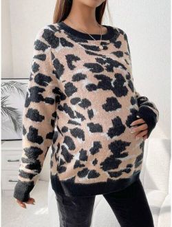 Maternity Casual Loose Fit Round Neck Pullover Sweater With Long Sleeves