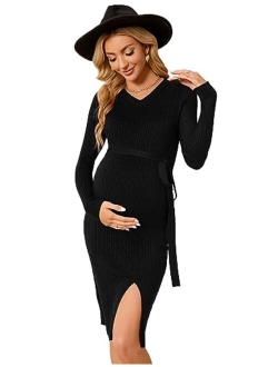 KOJOOIN Maternity Cable Knit Sweater Long Sleeve Bodycon Dress V Neck Fall Casual Slit Midi Dress Baby Shower Photoshoot Belt