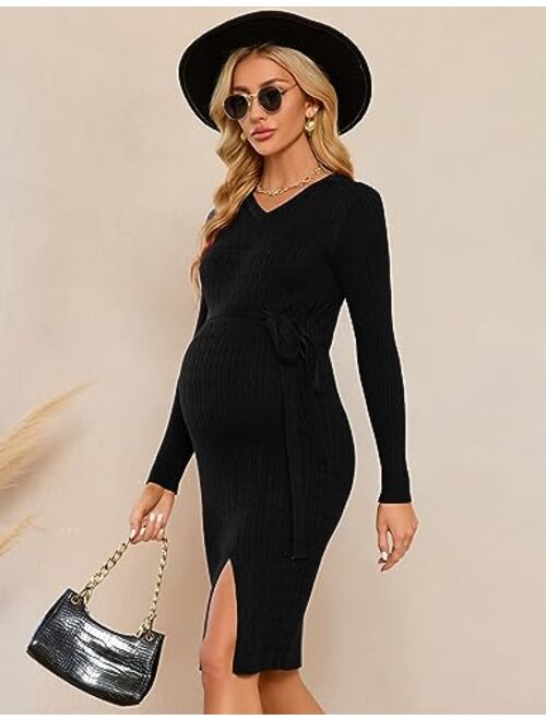 KOJOOIN Maternity Cable Knit Sweater Long Sleeve Bodycon Dress V Neck Fall Casual Slit Midi Dress Baby Shower Photoshoot Belt
