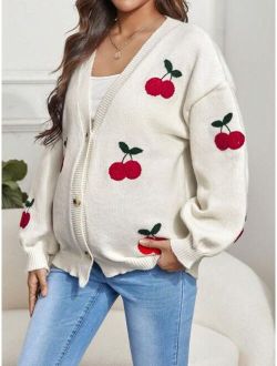 Maternity Cherry Pattern Drop Shoulder Cardigan