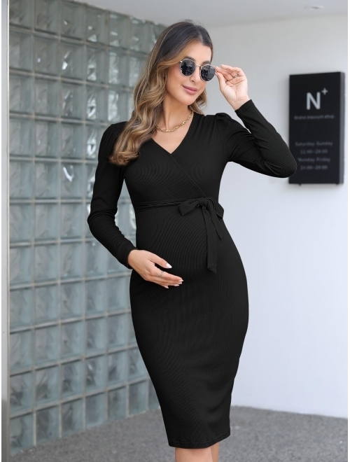 BZB Long Sleeve Maternity Sweater Dress V Neck Puff Sleeve Ribbed Bodycon Midi Pregnancy Dresses for Photoshoot with Belt