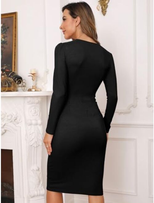BZB Long Sleeve Maternity Sweater Dress V Neck Puff Sleeve Ribbed Bodycon Midi Pregnancy Dresses for Photoshoot with Belt