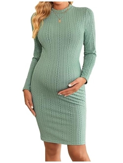 Womens Maternity Dress Rib Knit Stretchy Bodycon Pregnancy Dresses Mock Turtleneck Long Sleeve Pregnant Clothes