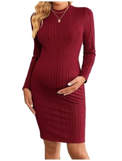 Womens Maternity Dress Rib Knit Stretchy Bodycon Pregnancy Dresses Mock Turtleneck Long Sleeve Pregnant Clothes
