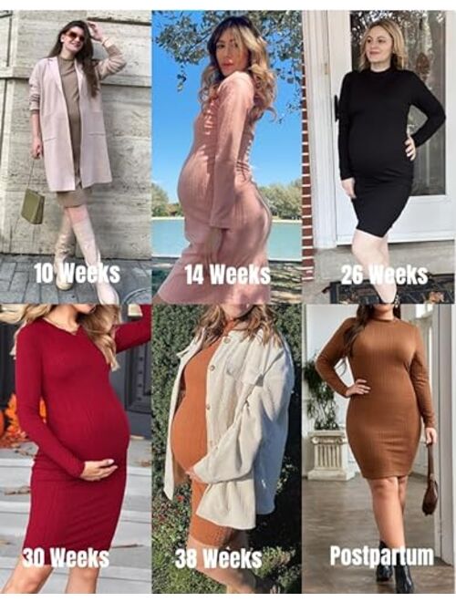 Ekouaer Womens Maternity Dress Rib Knit Stretchy Bodycon Pregnancy Dresses Mock Turtleneck Long Sleeve Pregnant Clothes