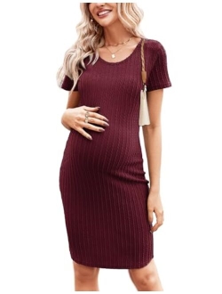 Maternity Dress Rib Knit Short Sleeve Bodycon Dresses Casual Stretchy Pregnancy Clothes S-XXL