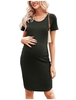 Maternity Dress Rib Knit Short Sleeve Bodycon Dresses Casual Stretchy Pregnancy Clothes S-XXL