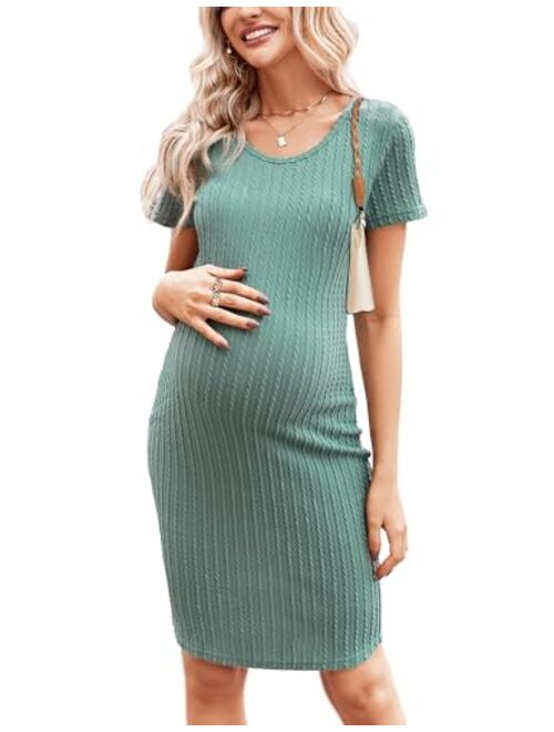 Ekouaer Maternity Dress Rib Knit Short Sleeve Bodycon Dresses Casual Stretchy Pregnancy Clothes S-XXL