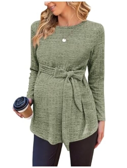 Women's Maternity Shirts Long Sleeve Pregnancy Tops Casual Ribbed Knit Pregnant Blouses S-XXL