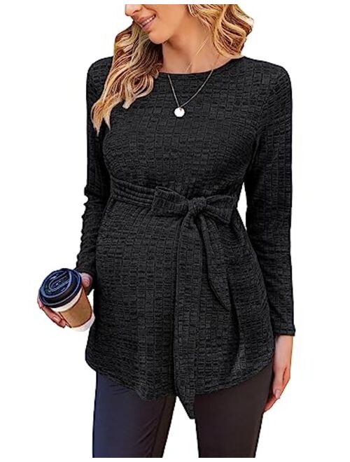 Ekouaer Women's Maternity Shirts Long Sleeve Pregnancy Tops Casual Ribbed Knit Pregnant Blouses S-XXL