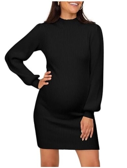 Lueluoye Maternity Sweater Dress for Pregnant Women Turtleneck Puff Sleeve Knit Slim Fit Bodycon Mini Dress