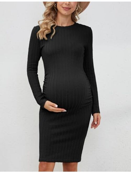 Rheane Women's B Shape Side Ruch Knit Ribbed Maternity Bodycon Dress/Midi Dress with Long Sleeves for Daily Wear & Baby Shower