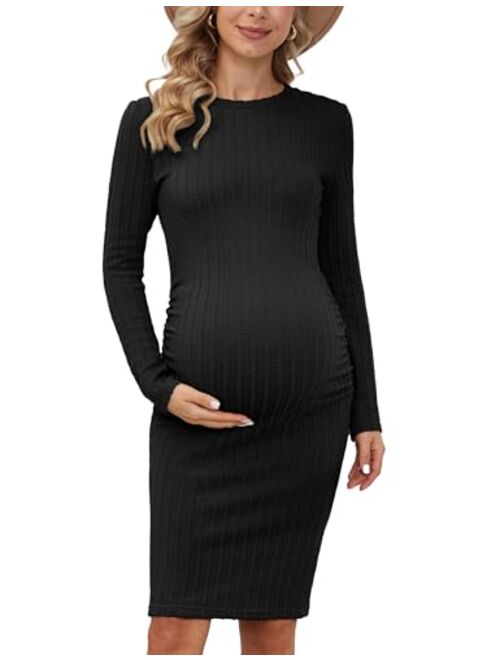 Rheane Women's B Shape Side Ruch Knit Ribbed Maternity Bodycon Dress/Midi Dress with Long Sleeves for Daily Wear & Baby Shower