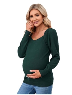 KOJOOIN Women's Maternity Tops Casual V Neck Sweaters Puff Long Sleeve Ribbed Knit Fall Pregnancy Babydoll Pullover Sweater