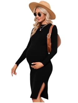 KOJOOIN Women's Bodycon Ribbed Knit Maternity Dress Slim Fit Long Sleeves Side Slit Midi Sweater Dress
