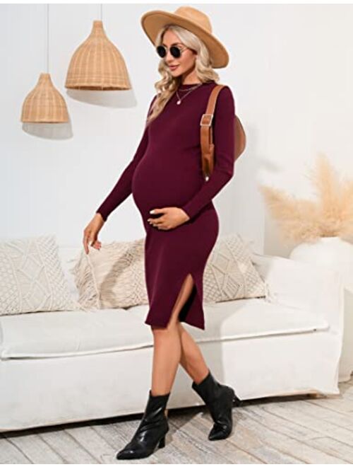 KOJOOIN Women's Bodycon Ribbed Knit Maternity Dress Slim Fit Long Sleeves Side Slit Midi Sweater Dress