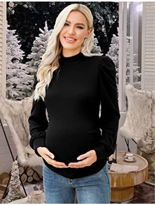 Coolmee Women's Knit Ribbed Maternity Top Mock Neck Long Sleeve Shirts Pregnant Ruched Tunic Pullover Top