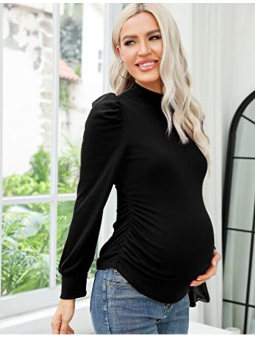 Coolmee Women's Knit Ribbed Maternity Top Mock Neck Long Sleeve Shirts Pregnant Ruched Tunic Pullover Top