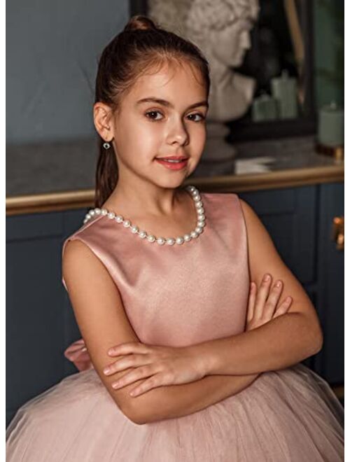MCieloLuna Flower Girls Dresses for Wedding Satin Tulle Princess Pageant Dress Kids Pearls Prom Ball Gowns with Bow-Knot