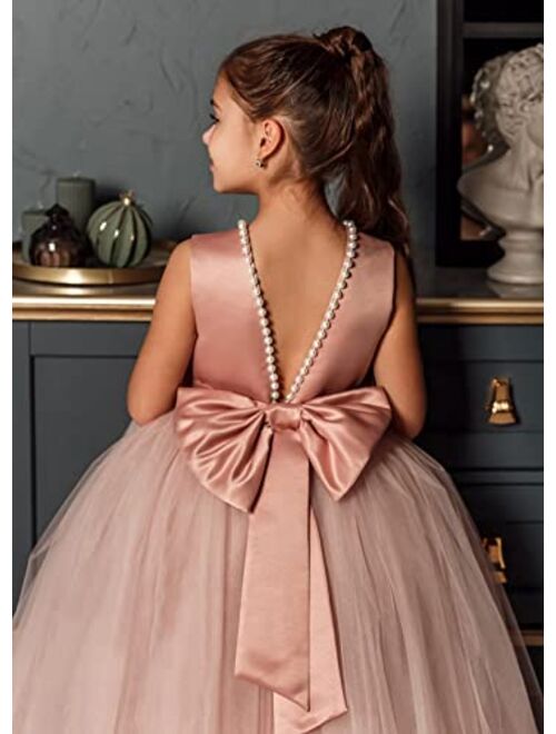 MCieloLuna Flower Girls Dresses for Wedding Satin Tulle Princess Pageant Dress Kids Pearls Prom Ball Gowns with Bow-Knot