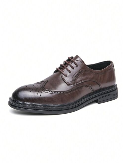 Shein New Trendy Men's Formal Business Pu Leather Derby Shoes, Brogue Perforated Toe, Lace-up, British Style