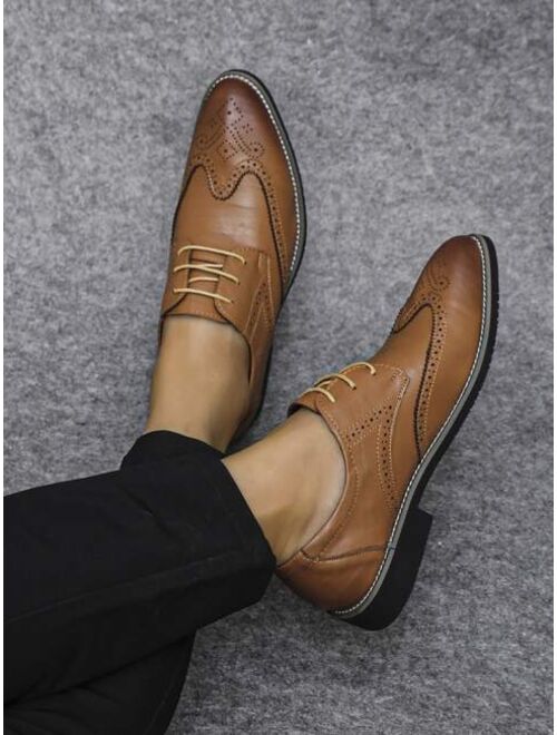 Shein Men'S Formal Block Carving Solid Color Pointed Toe Low-Cut Lace-Up Low Heel Leather Shoes, Banquet Style, Middle-Aged Business Pu Leather Single Shoes For All Seaso
