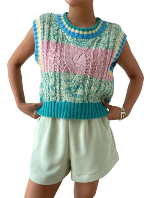 Milumia Women's Casual Cable Knit Sweater Vest Sleeveless Round Neck Crop Tank Top