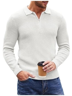 Men's Quarter Zip Polo Sweater Knit Pullover Long Sleeve Casual Dress Slim Fit Shirt