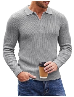 Men's Quarter Zip Polo Sweater Knit Pullover Long Sleeve Casual Dress Slim Fit Shirt