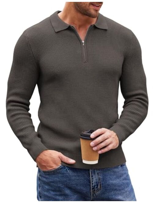 COOFANDY Men's Quarter Zip Polo Sweater Knit Pullover Long Sleeve Casual Dress Slim Fit Shirt