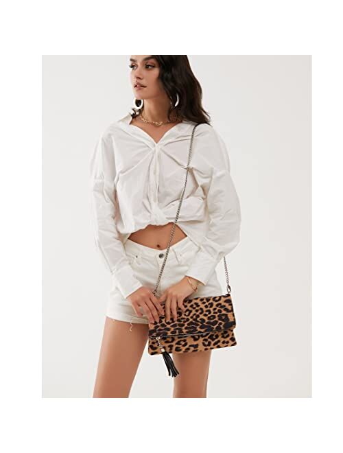 Hoxis Leopard Zipper Foldover Clutch Envelope Purse Women Cross body Bag with Chain Strap