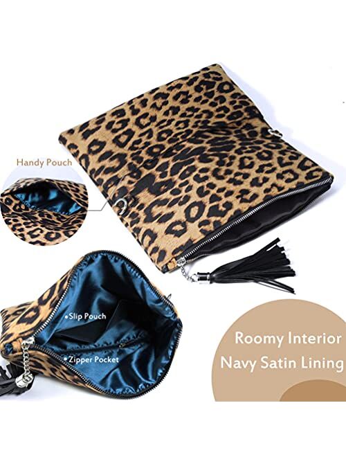 Hoxis Leopard Zipper Foldover Clutch Envelope Purse Women Cross body Bag with Chain Strap